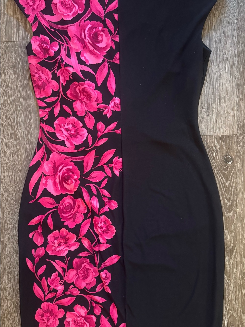 Anne Klein Size 4 Black Stretch Rouched Dress with Pink Floral Print - Picture 2 of 5